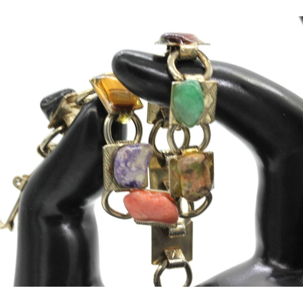 Vintage International Gemstone Bracelet Real Gemstones Gold Tone Made In Usa 7"